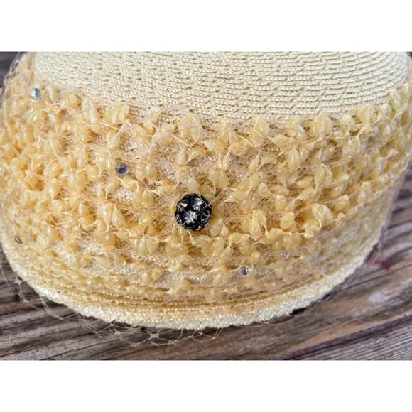 Vintage 1950s Yellow Straw Pill Box Hat Rhinestones MOD - Picture 4 of 15